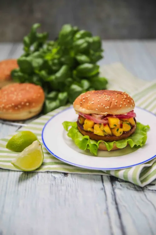 Burgers ar sojas burgera kotleti un mango salsu