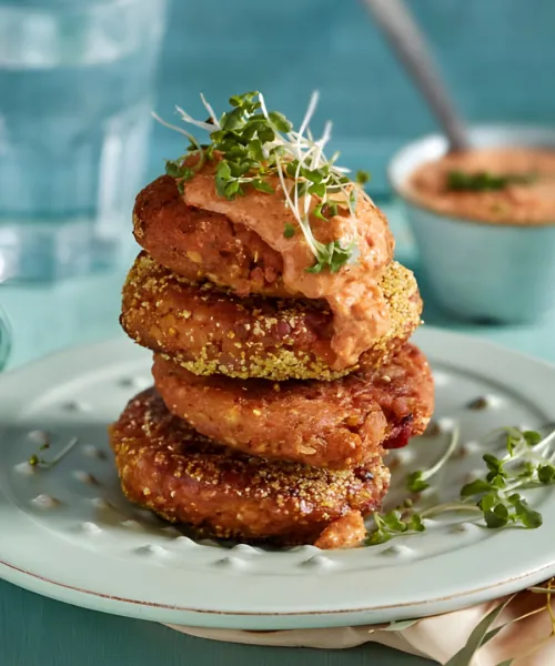 Sarkano lēcu plācenīši ar grilētas paprikas mērci